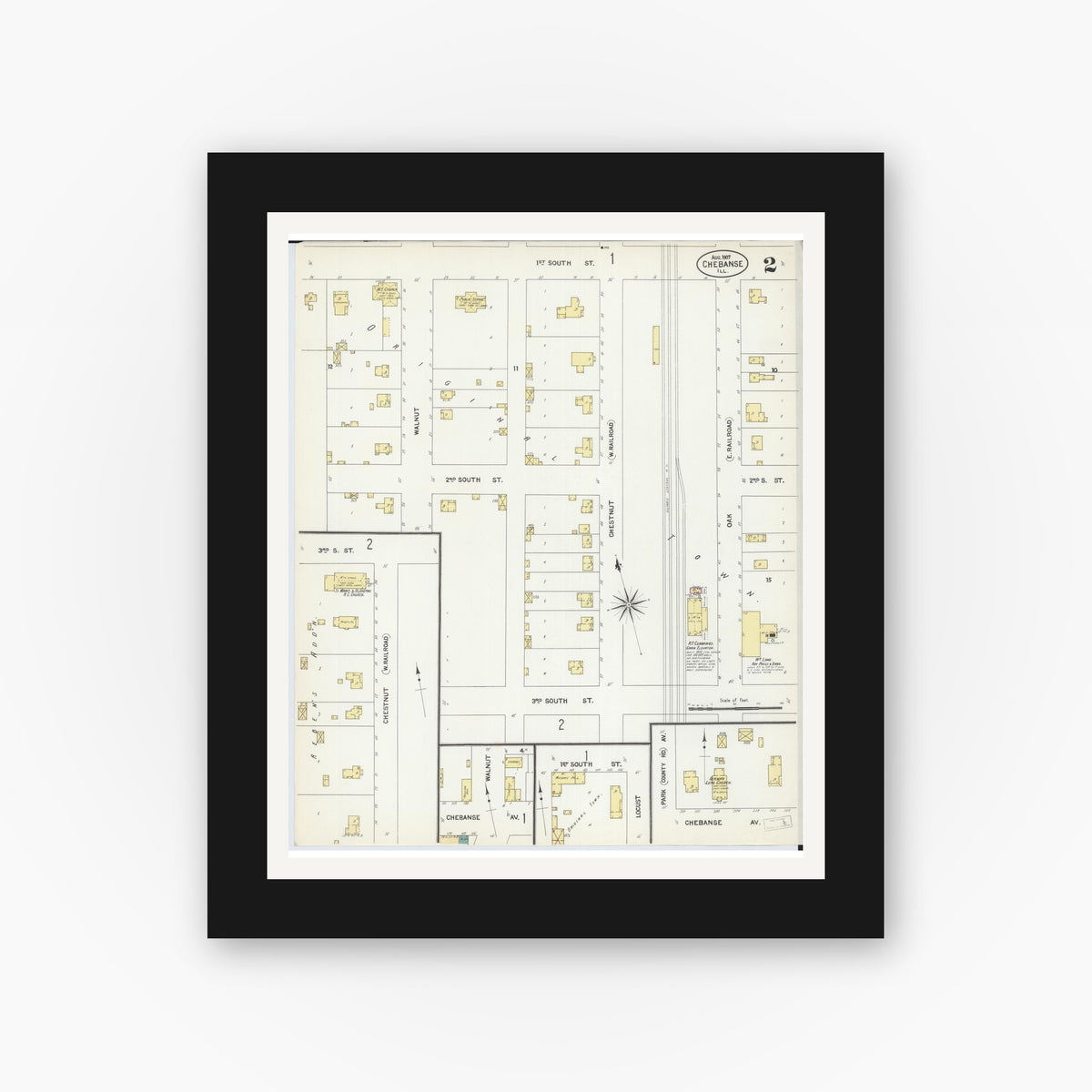 Old map wall art mockup — black gallery frame with white mat — Sanborn Fire Insurance Map from Chebanse, Iroquois And Kankakee County, Illinois (1907), Sheet #0002