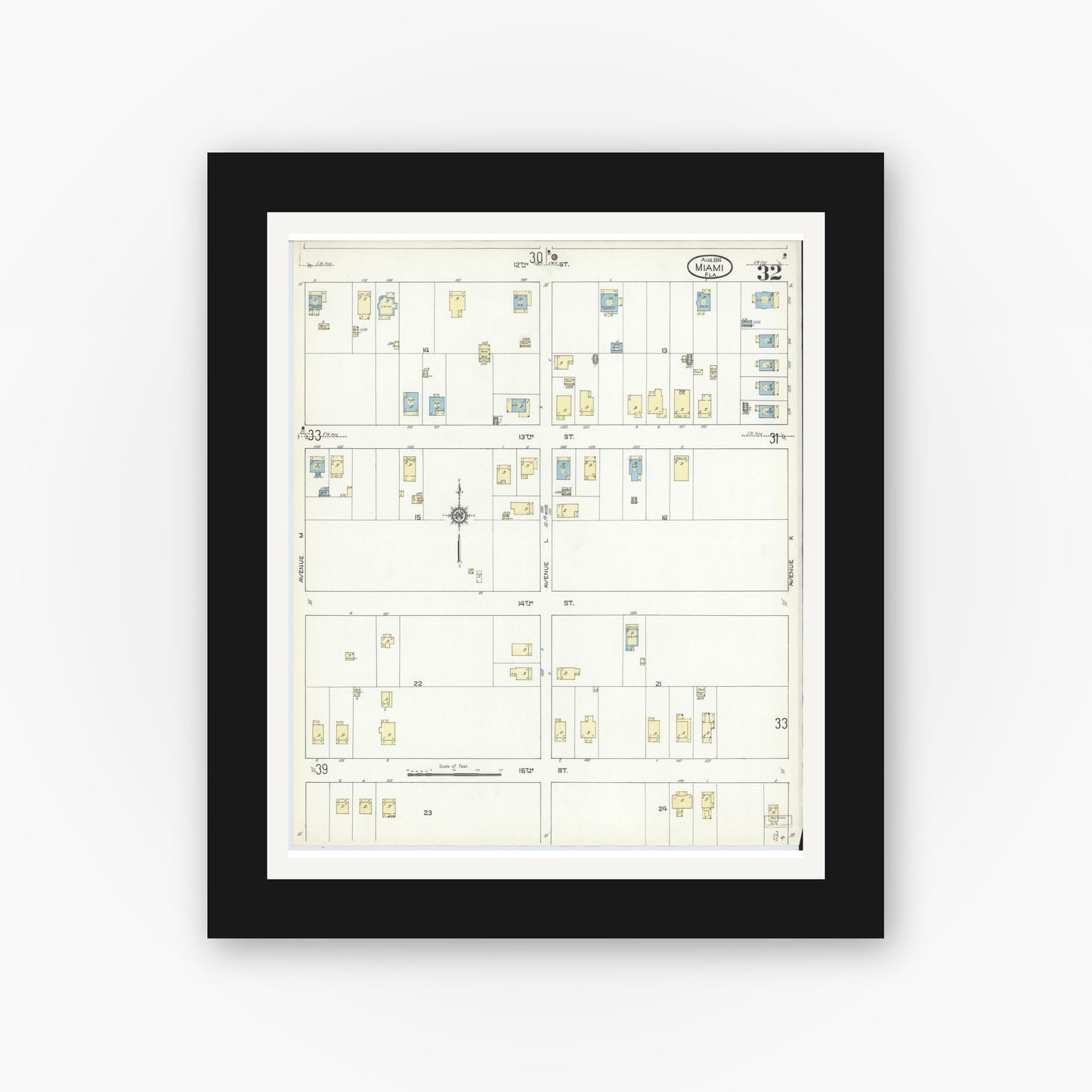 Old map wall art mockup — black gallery frame with white mat — Sanborn Fire Insurance Map from Miami, Dade County, Florida (1914), Sheet #0032