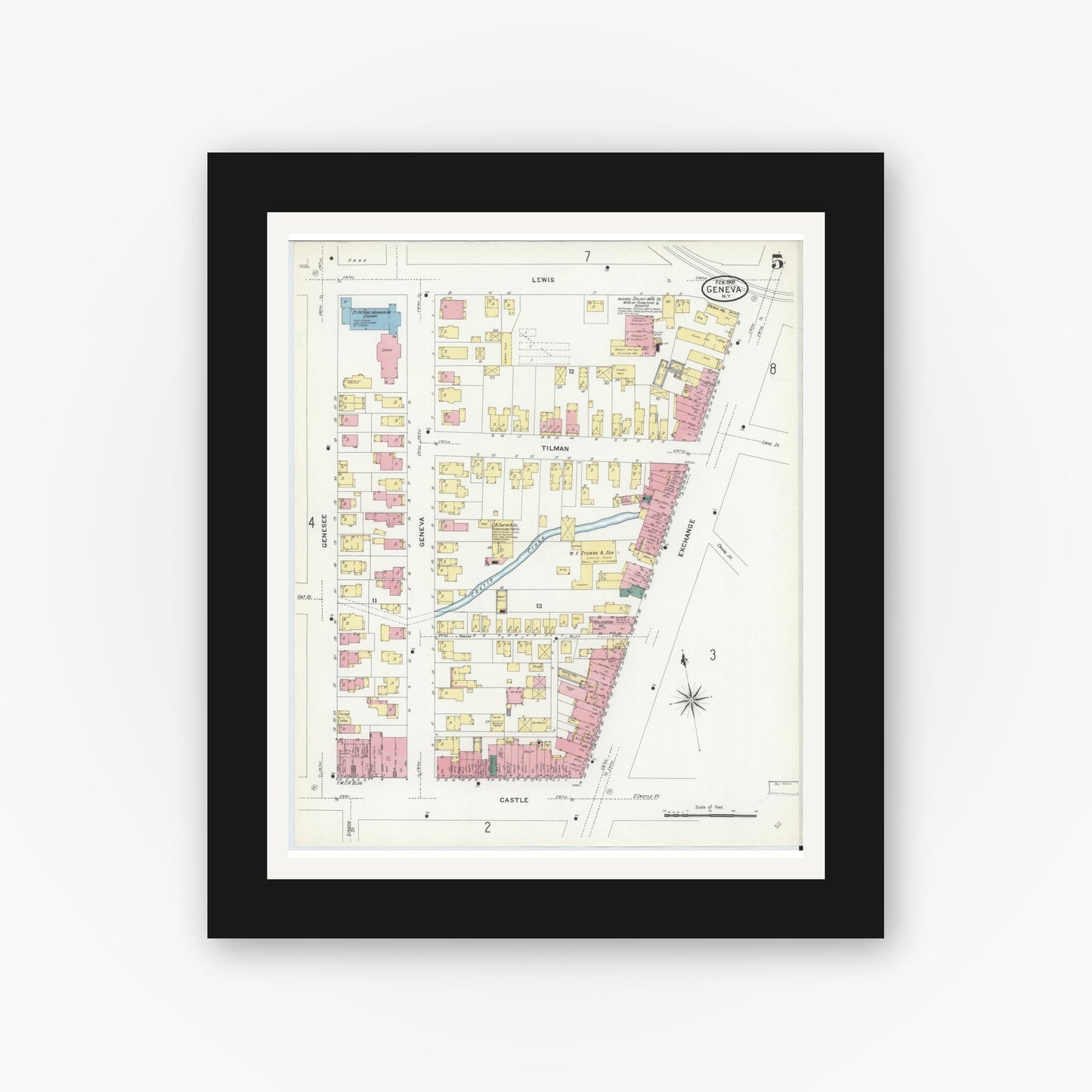 Old map wall art mockup — black gallery frame with white mat — Sanborn Fire Insurance Map from Geneva, Ontario County, New York (1909), Sheet #0005