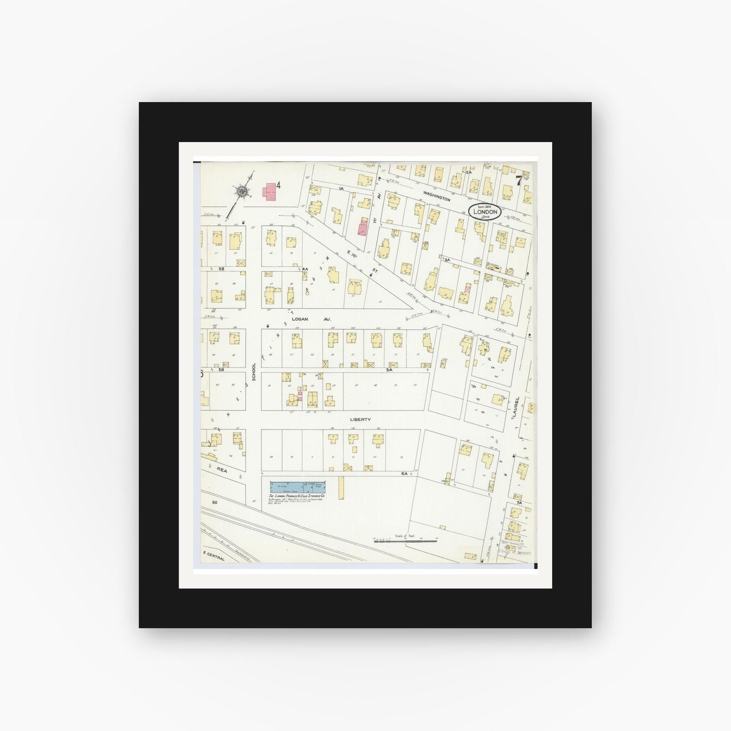 Old map wall art mockup — black gallery frame with white mat — Sanborn Fire Insurance Map from London, Madison County, Ohio (1910), Sheet #0007