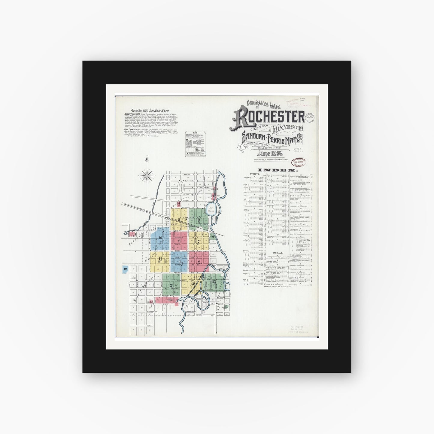 Old map wall art mockup — black gallery frame with white mat — Sanborn Fire Insurance Map from Rochester, Olmsted County, Minnesota (1899) - Complete Map Set