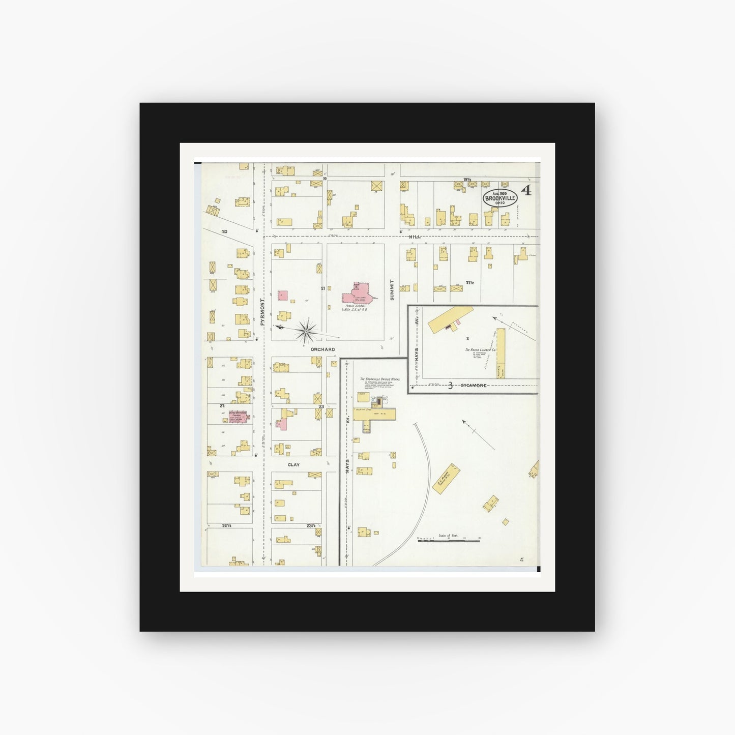 Old map wall art mockup — black gallery frame with white mat — Sanborn Fire Insurance Map from Brookville, Montgomery County, Ohio (1905), Sheet #0004