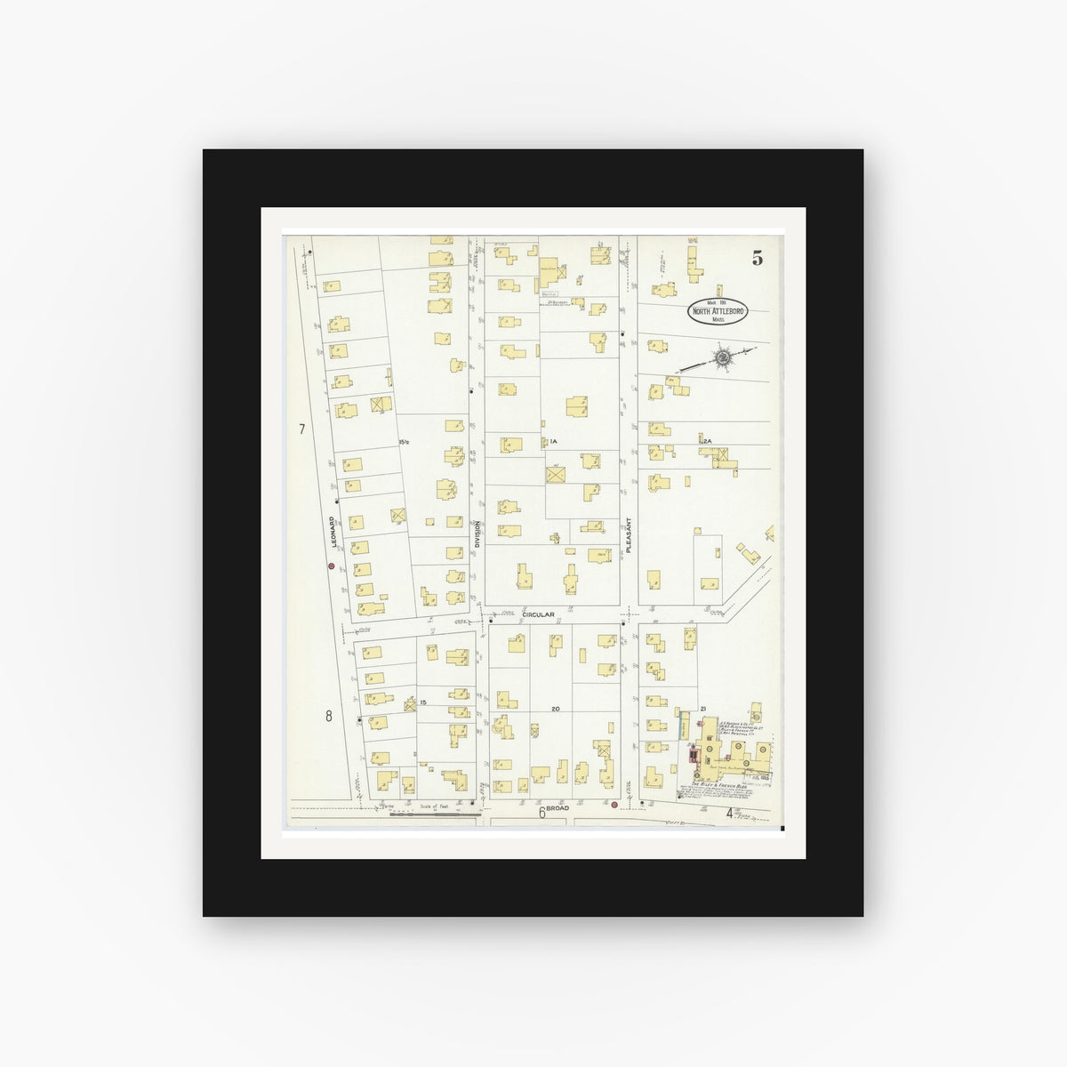 Old map wall art mockup — black gallery frame with white mat — Sanborn Fire Insurance Map from North Attleborough, Bristol County, Massachusetts (1911), Sheet #0005
