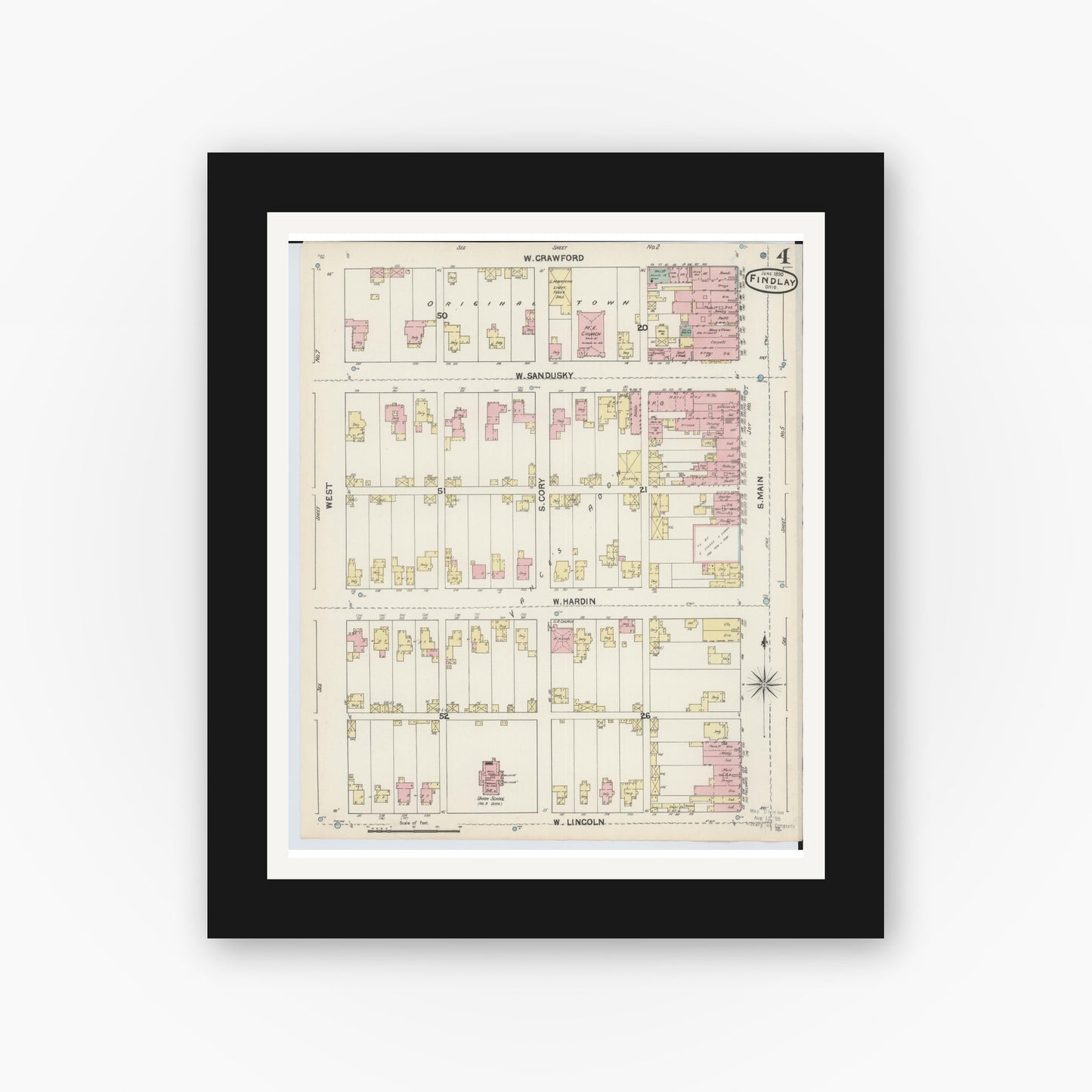 Old map wall art mockup — black gallery frame with white mat — Sanborn Fire Insurance Map from Findlay, Hancock County, Ohio (1890), Sheet #0004