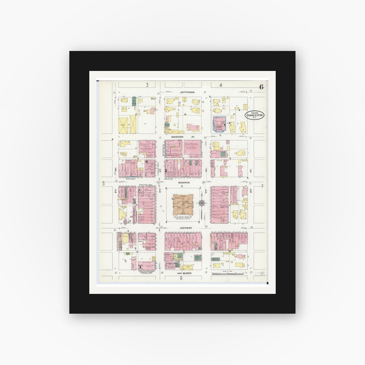 Old map wall art mockup — black gallery frame with white mat — Sanborn Fire Insurance Map from Charleston, Coles County, Illinois (1910), Sheet #0006