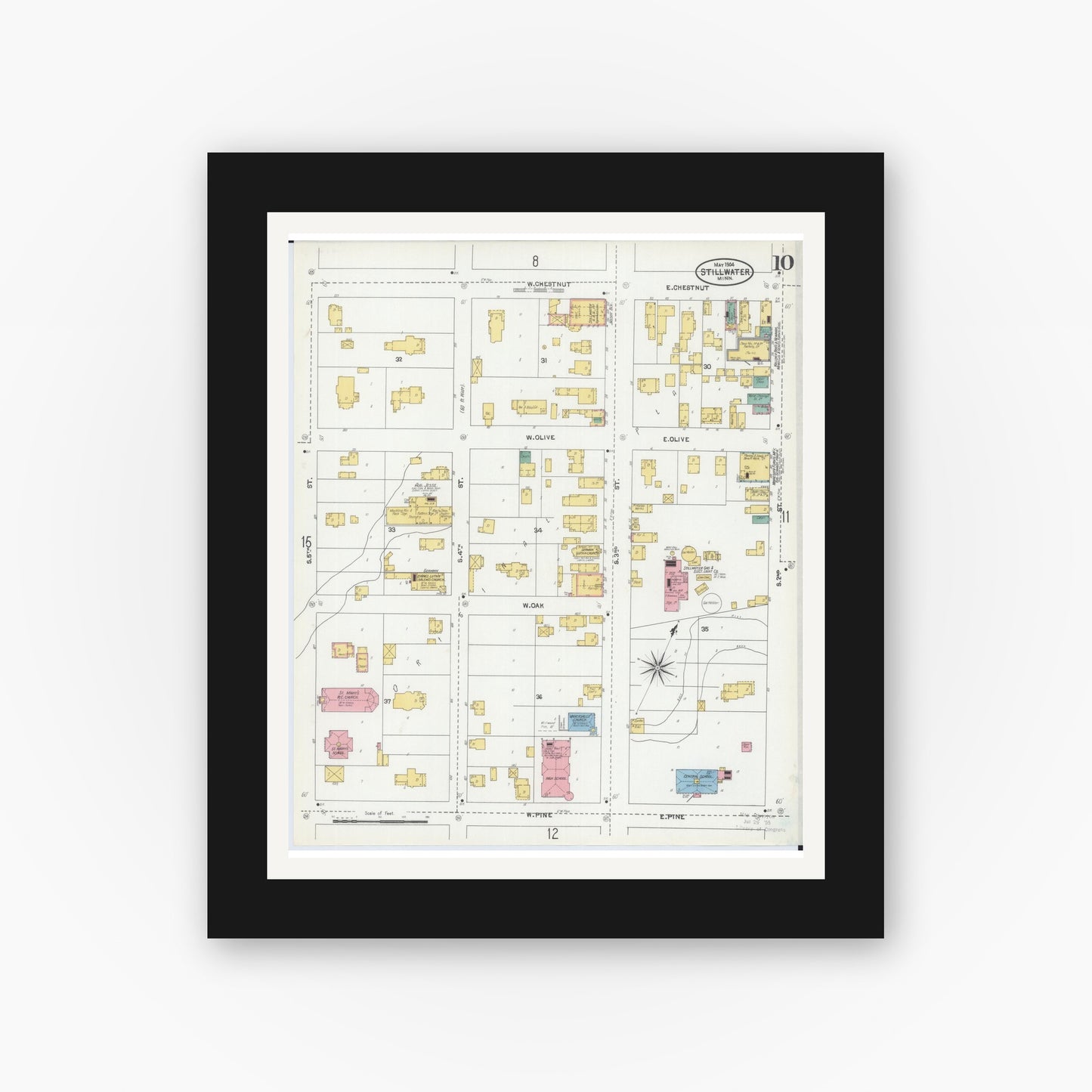 Old map wall art mockup — black gallery frame with white mat — Sanborn Fire Insurance Map from Stillwater, Washington County, Minnesota (1904), Sheet #0010