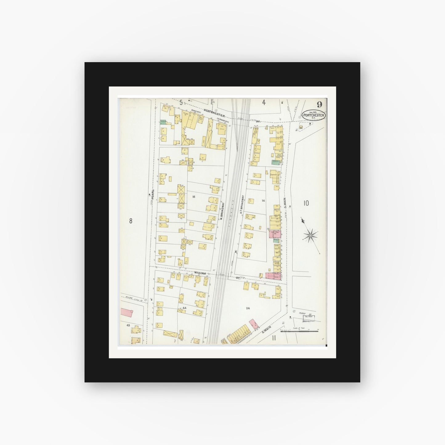 Old map wall art mockup — black gallery frame with white mat — Sanborn Fire Insurance Map from Port Chester, Westchester County, New York (1902), Sheet #0009