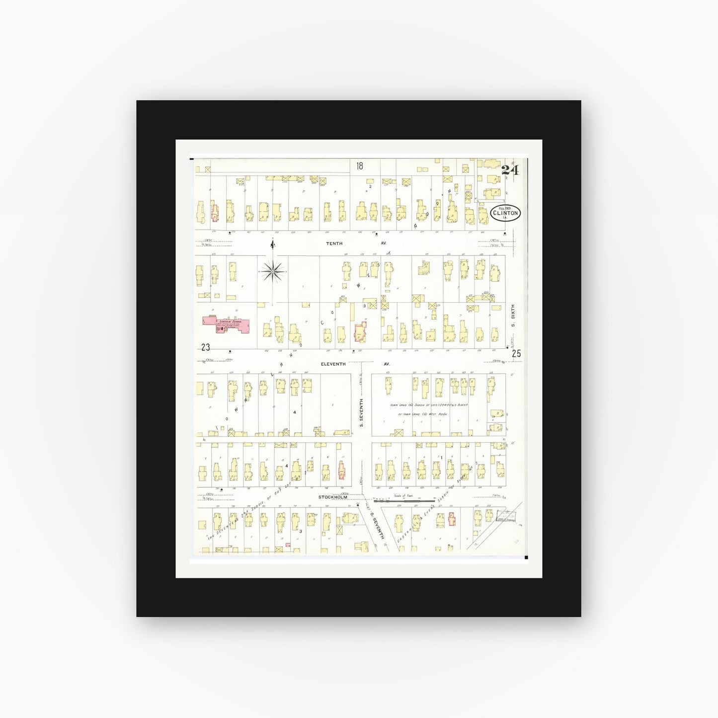Old map wall art mockup — black gallery frame with white mat — Sanborn Fire Insurance Map from Clinton, Clinton County, Iowa (1909), Sheet #0024