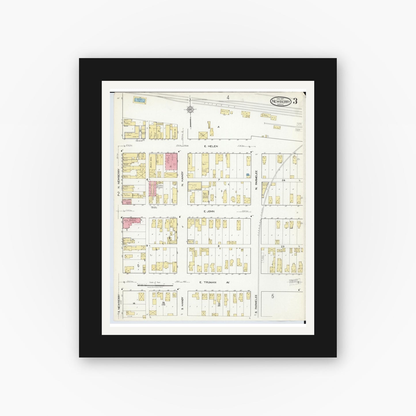 Old map wall art mockup — black gallery frame with white mat — Sanborn Fire Insurance Map from Newberry, Luce County, Michigan (1917), Sheet #0003
