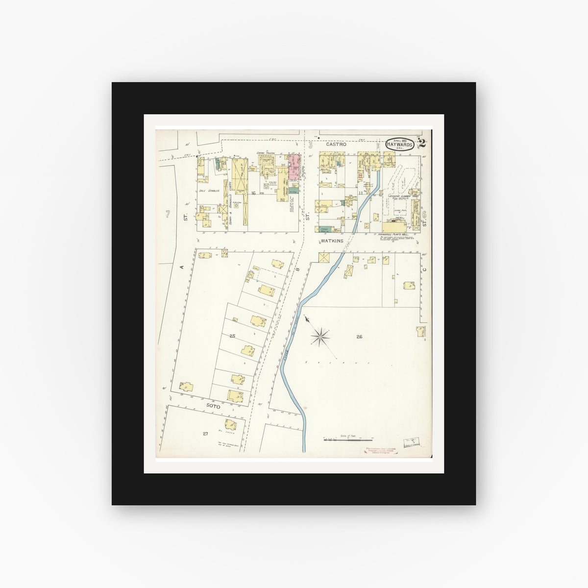 Old map wall art mockup — black gallery frame with white mat — Sanborn Fire Insurance Map from Hayward, Alameda County, California (1893), Sheet #0002