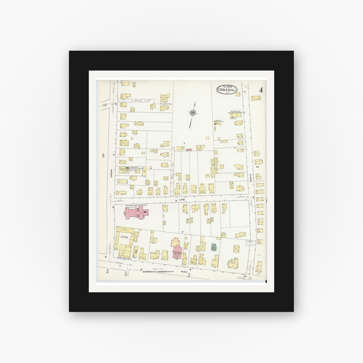 Old map wall art mockup — black gallery frame with white mat — Sanborn Fire Insurance Map from Cobleskill, Schoharie County, New York (1909), Sheet #0004