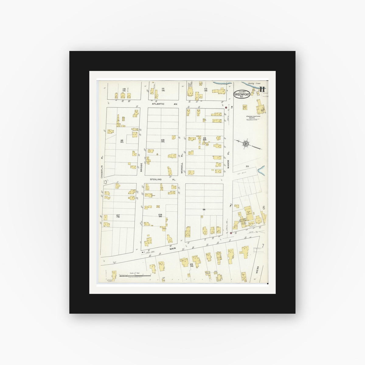 Old map wall art mockup — black gallery frame with white mat — Sanborn Fire Insurance Map from Greenport, Suffolk County, New York (1917), Sheet #0011
