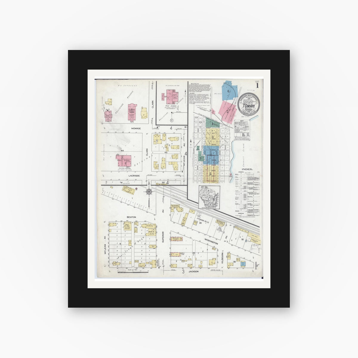 Old map wall art mockup — black gallery frame with white mat — Sanborn Fire Insurance Map from Tomah, Monroe County, Wisconsin (1912) - Complete Map Set