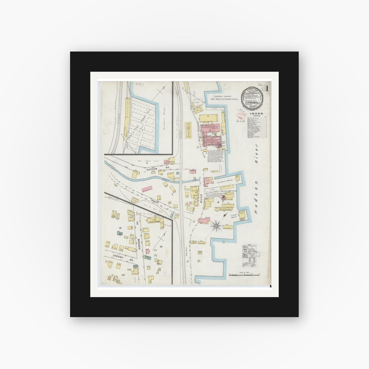Old map wall art mockup — black gallery frame with white mat — Sanborn Fire Insurance Map from Cornwall, Orange County, New York (1894) - Complete Map Set