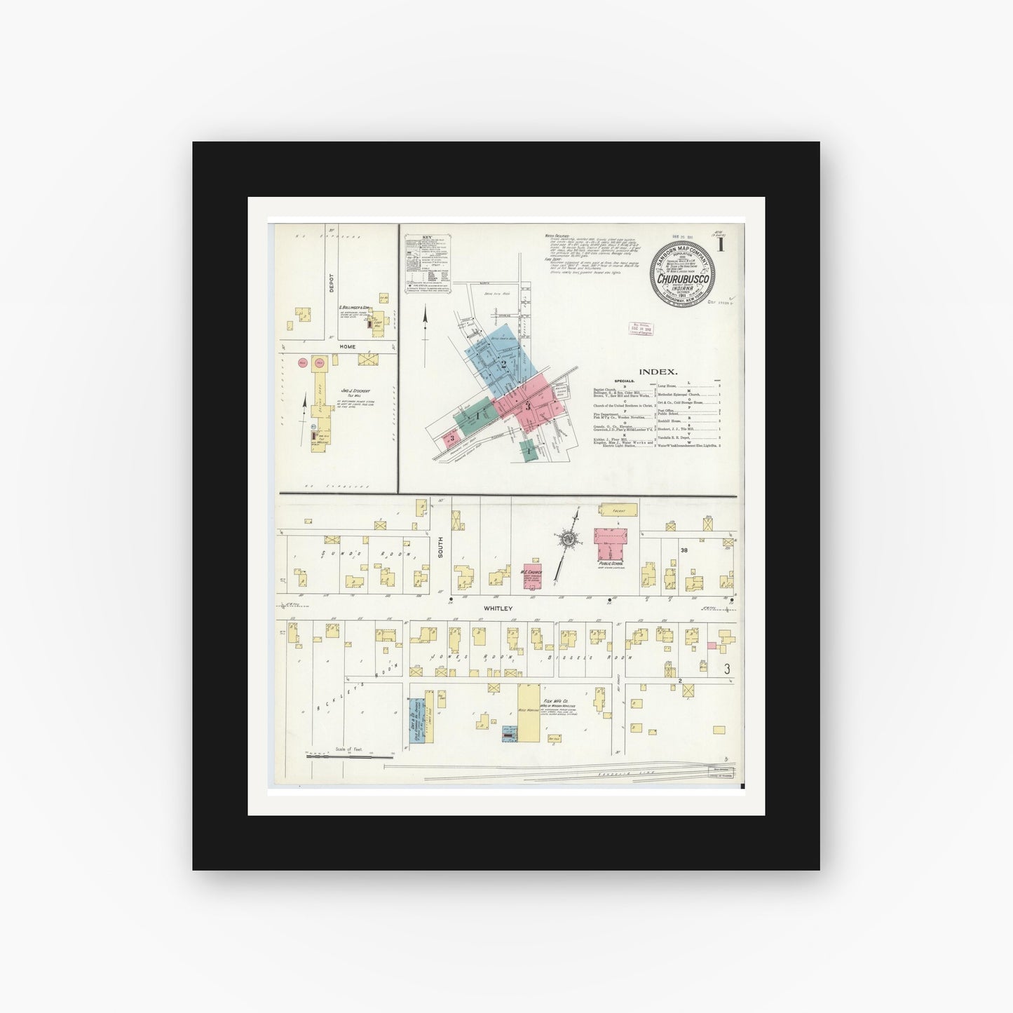 Old map wall art mockup — black gallery frame with white mat — Sanborn Fire Insurance Map from Churubusco, Whitley County, Indiana (1911) - Complete Map Set