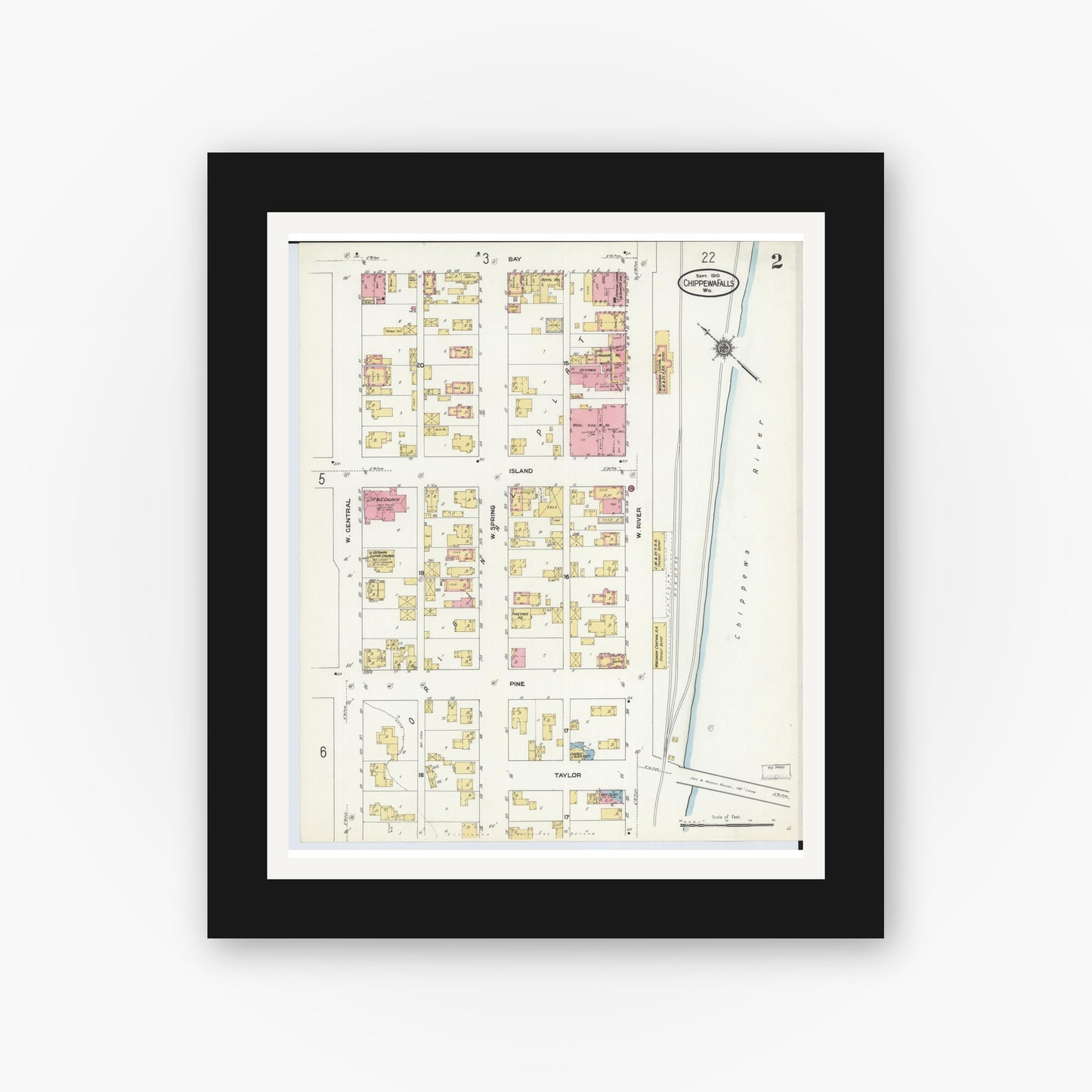 Old map wall art mockup — black gallery frame with white mat — Sanborn Fire Insurance Map from Chippewa Falls, Chippewa County, Wisconsin (1910), Sheet #0002