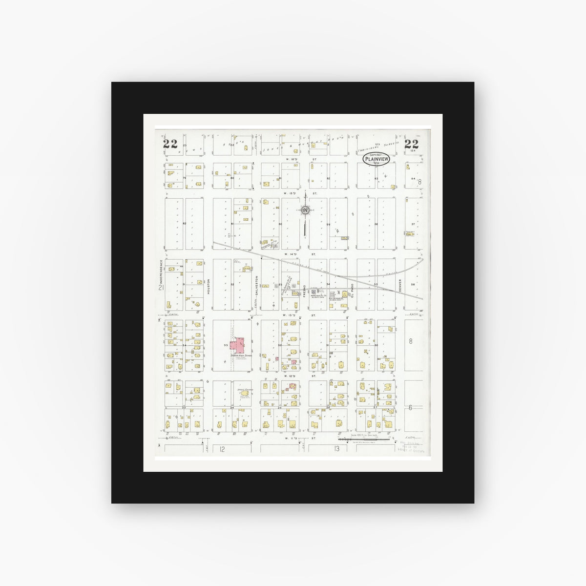 Old map wall art mockup — black gallery frame with white mat — Sanborn Fire Insurance Map from Plainview, Hale County, Texas (1927), Sheet #0022