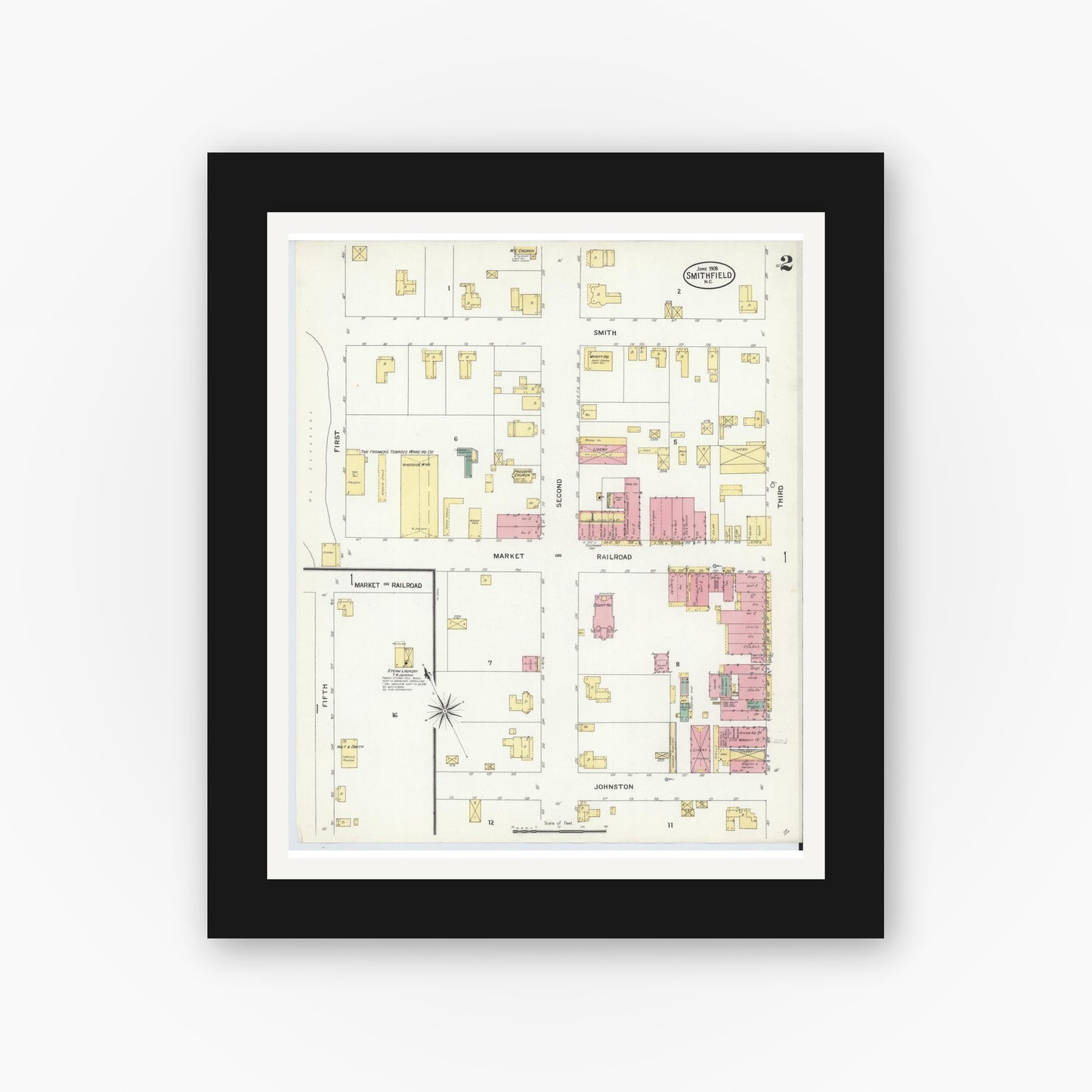 Old map wall art mockup — black gallery frame with white mat — Sanborn Fire Insurance Map from Smithfield, Johnston County, North Carolina (1908), Sheet #0002