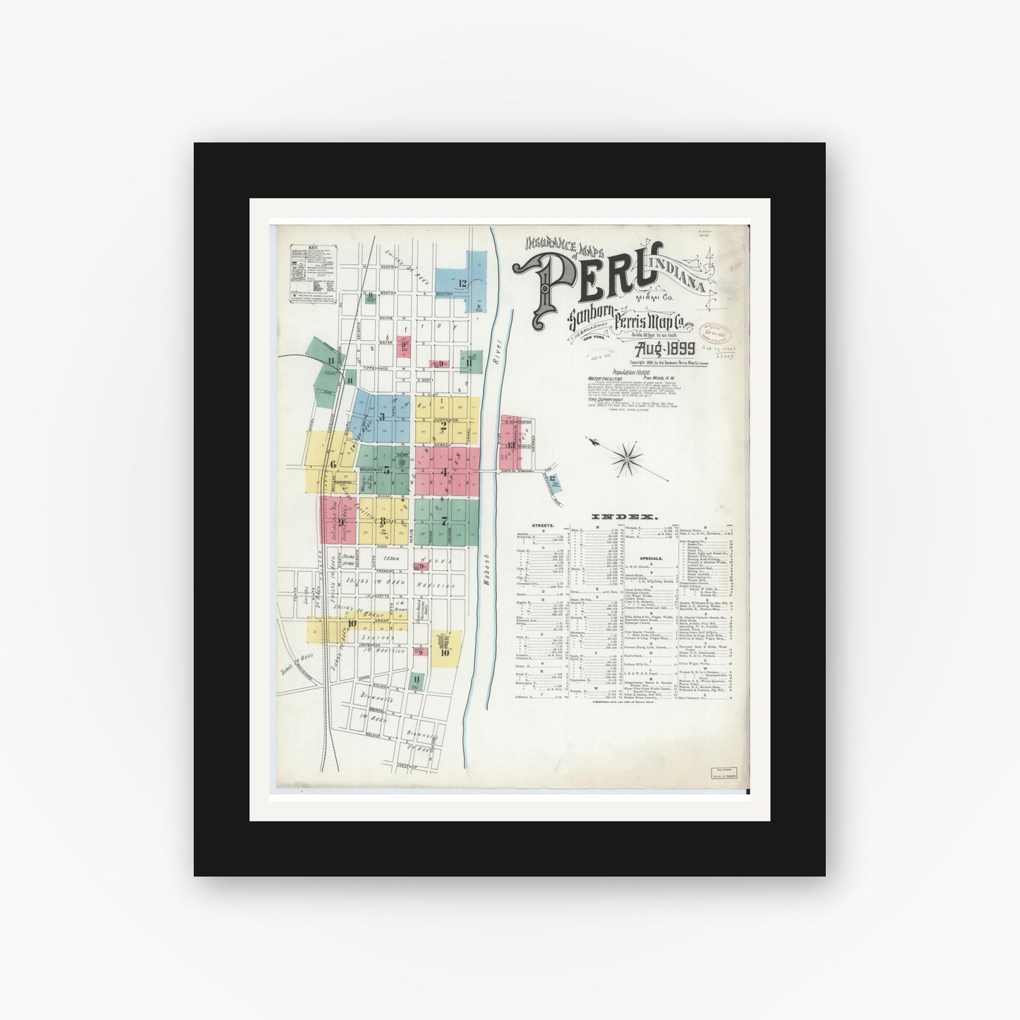 Old map wall art mockup — black gallery frame with white mat — Sanborn Fire Insurance Map from Peru, Miami County, Indiana (1899) - Complete Map Set