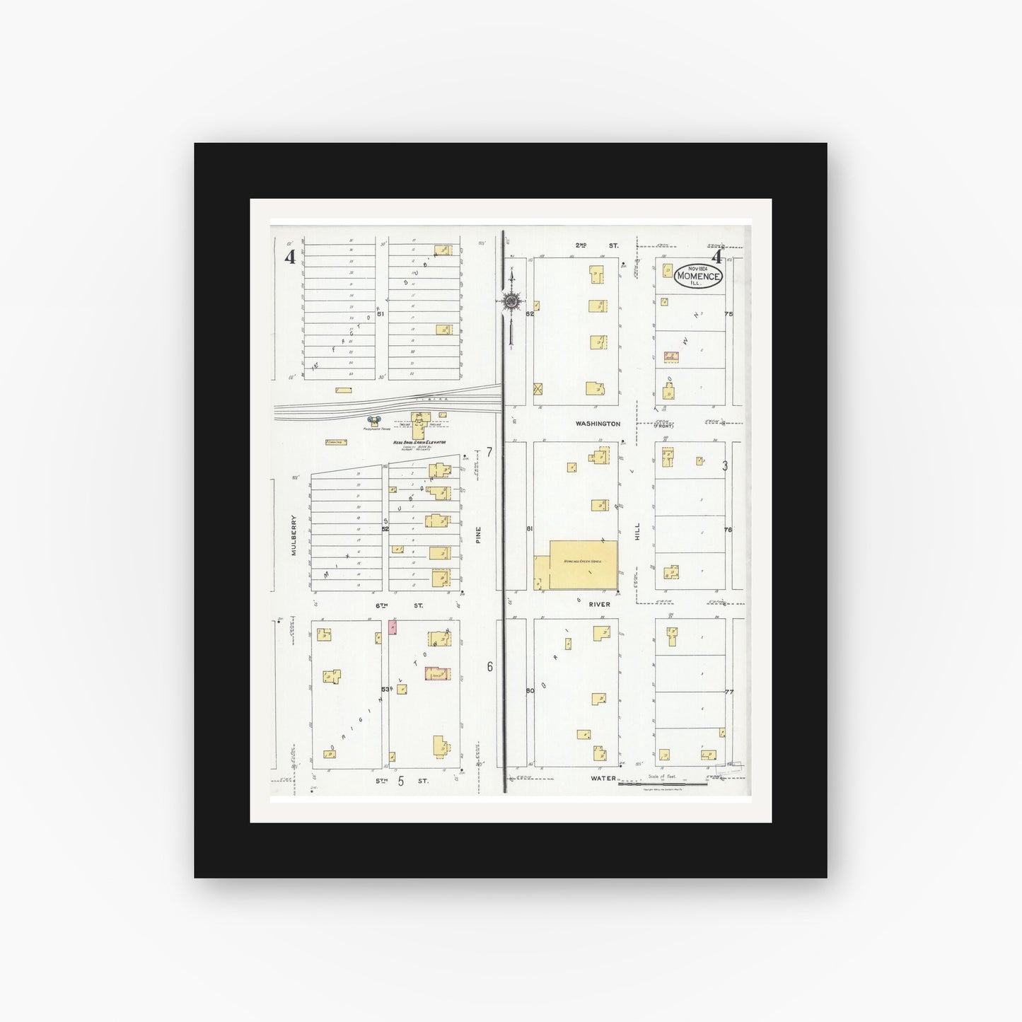 Old map wall art mockup — black gallery frame with white mat — Sanborn Fire Insurance Map from Momence, Kankakee County, Illinois (1924), Sheet #0004