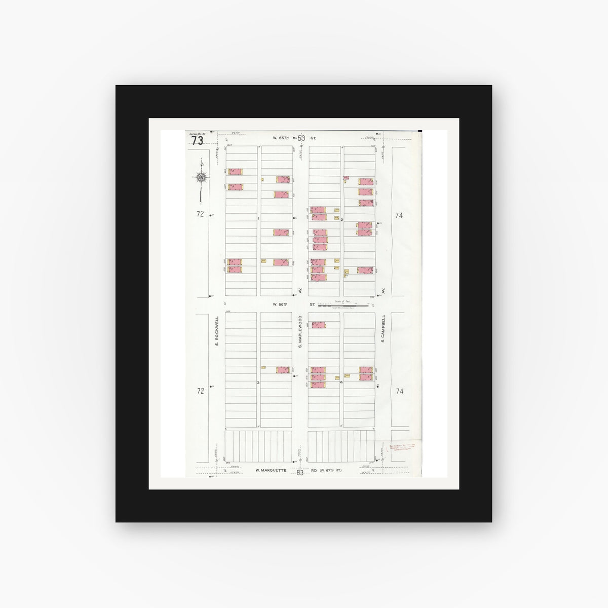Old map wall art mockup — black gallery frame with white mat — Sanborn Fire Insurance Map from Chicago, Cook County, Illinois (1920), Sheet #0073