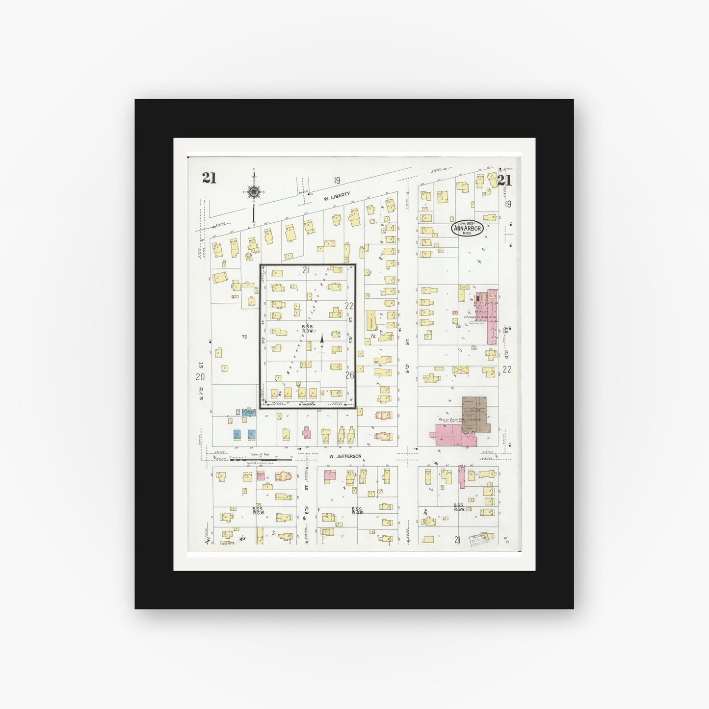 Old map wall art mockup — black gallery frame with white mat — Sanborn Fire Insurance Map from Ann Arbor, Washtenaw County, Michigan (1925), Sheet #0021