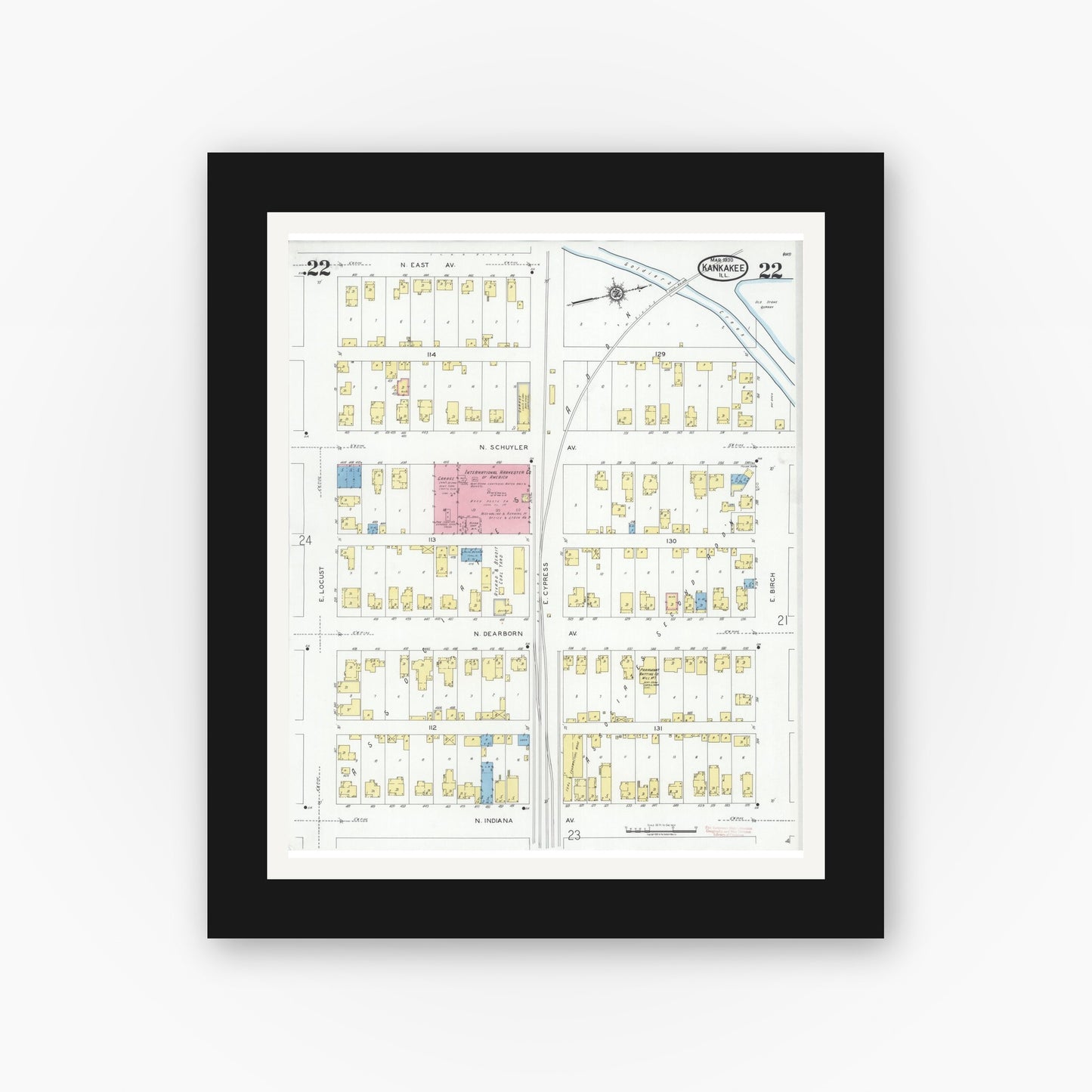 Old map wall art mockup — black gallery frame with white mat — Sanborn Fire Insurance Map from Kankakee, Kankakee County, Illinois (1930), Sheet #0022