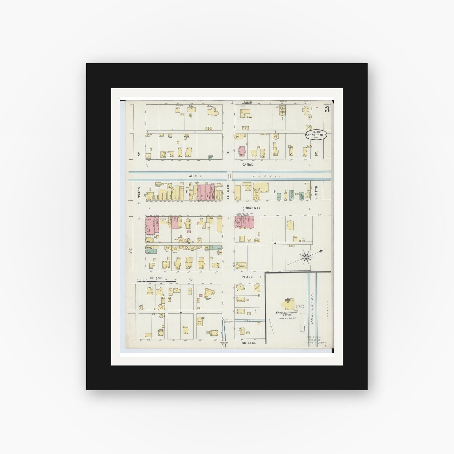 Old map wall art mockup — black gallery frame with white mat — Sanborn Fire Insurance Map from Spencerville, Allen County, Ohio (1895), Sheet #0003