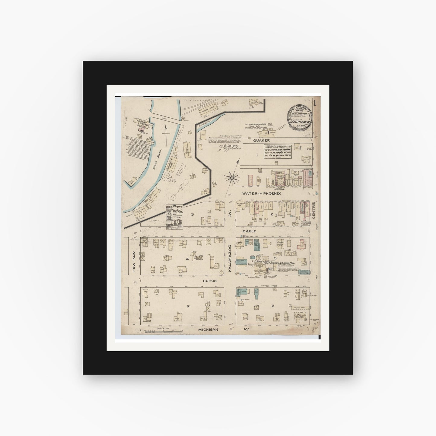 Old map wall art mockup — black gallery frame with white mat — Sanborn Fire Insurance Map from South Haven, Van Buren County, Michigan (1884) - Complete Map Set