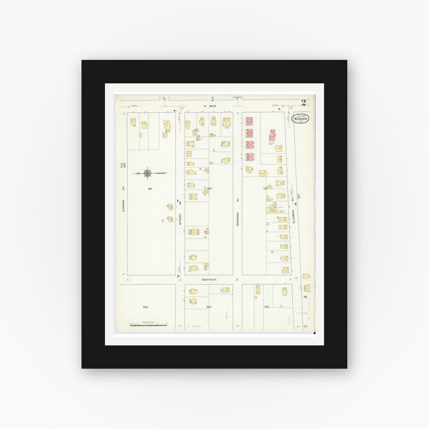 Old map wall art mockup — black gallery frame with white mat — Sanborn Fire Insurance Map from Newark, Wayne County, New York (1912) - Complete Map Set
