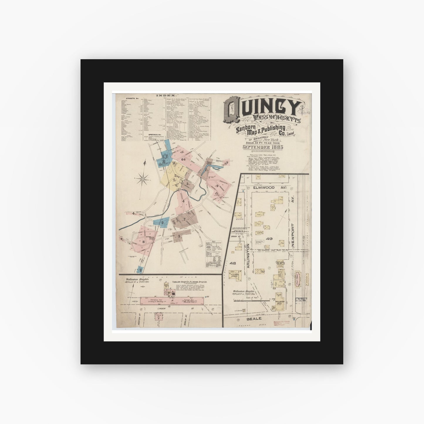 Old map wall art mockup — black gallery frame with white mat — Sanborn Fire Insurance Map from Quincy, Norfolk County, Massachusetts (1885) - Complete Map Set
