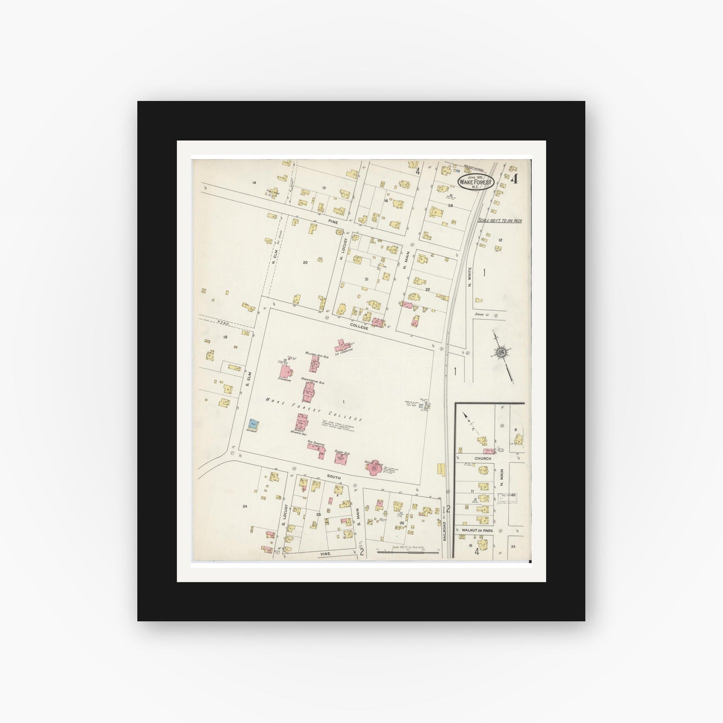 Old map wall art mockup — black gallery frame with white mat — Sanborn Fire Insurance Map from Wake Forest, Wake County, North Carolina (1915), Sheet #0004