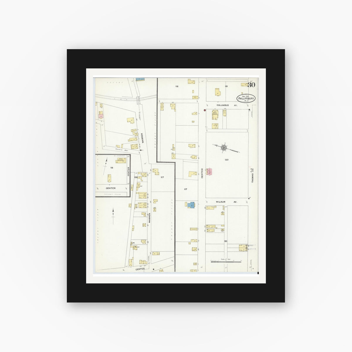 Old map wall art mockup — black gallery frame with white mat — Sanborn Fire Insurance Map from Phillipsburg, Warren County, New Jersey (1910), Sheet #0030