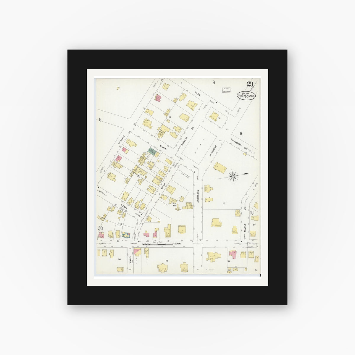 Old map wall art mockup — black gallery frame with white mat — Sanborn Fire Insurance Map from Hackensack, Bergen County, New Jersey (1908), Sheet #0021