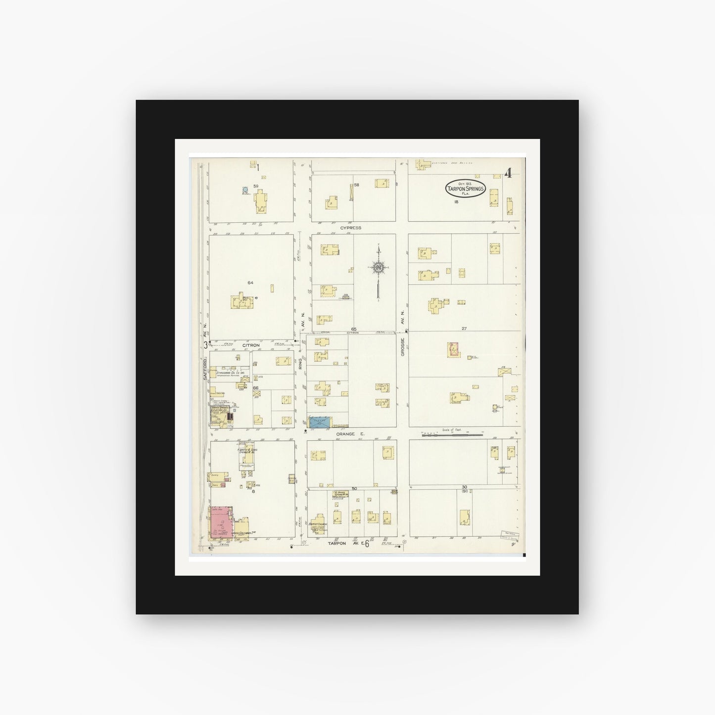 Old map wall art mockup — black gallery frame with white mat — Sanborn Fire Insurance Map from Tarpon Springs, Pinellas County, Florida (1913), Sheet #0004