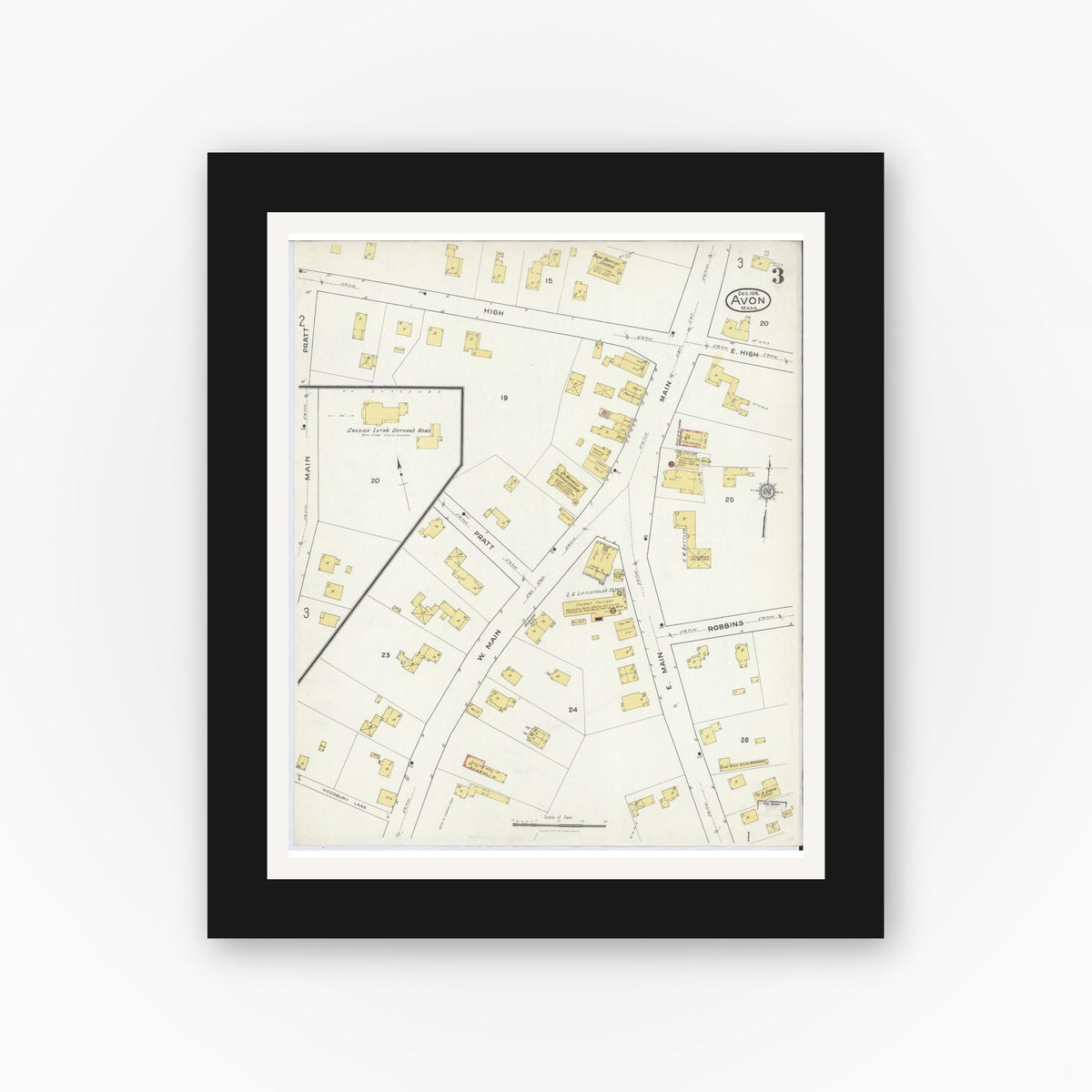 Old map wall art mockup — black gallery frame with white mat — Sanborn Fire Insurance Map from Avon, Norfolk County, Massachusetts (1916), Sheet #0003