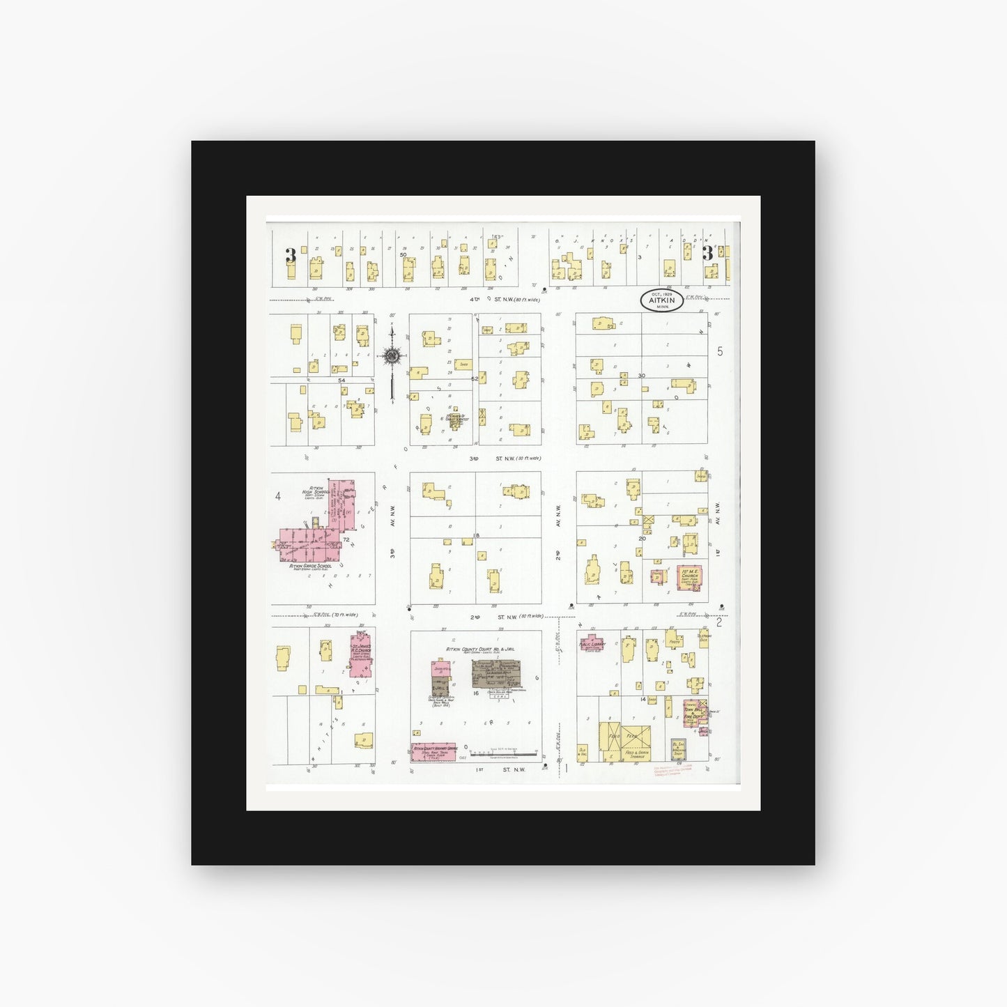 Old map wall art mockup — black gallery frame with white mat — Sanborn Fire Insurance Map from Aitkin, Aitkin County, Minnesota (1929), Sheet #0003