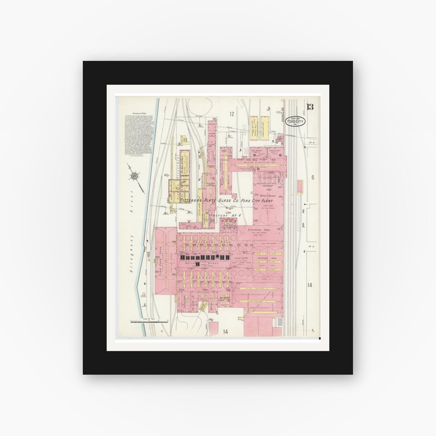 Old map wall art mockup — black gallery frame with white mat — Sanborn Fire Insurance Map from Ford City, Armstrong County, Pennsylvania (1913), Sheet #0013