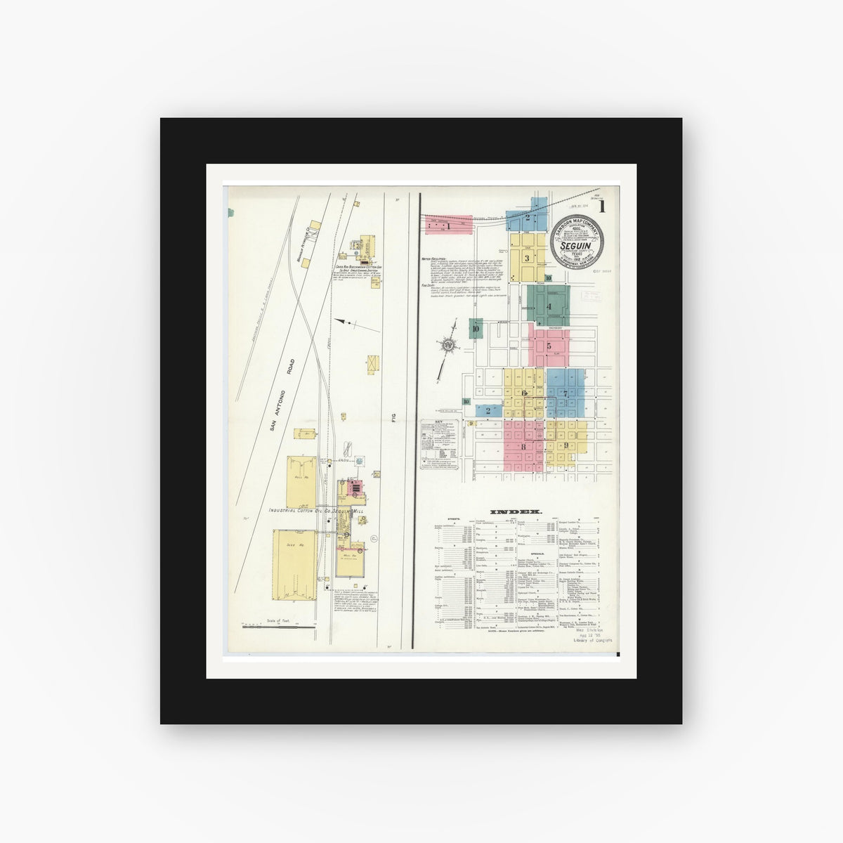 Old map wall art mockup — black gallery frame with white mat — Sanborn Fire Insurance Map from Seguin, Guadalupe County, Texas (1912) - Complete Map Set
