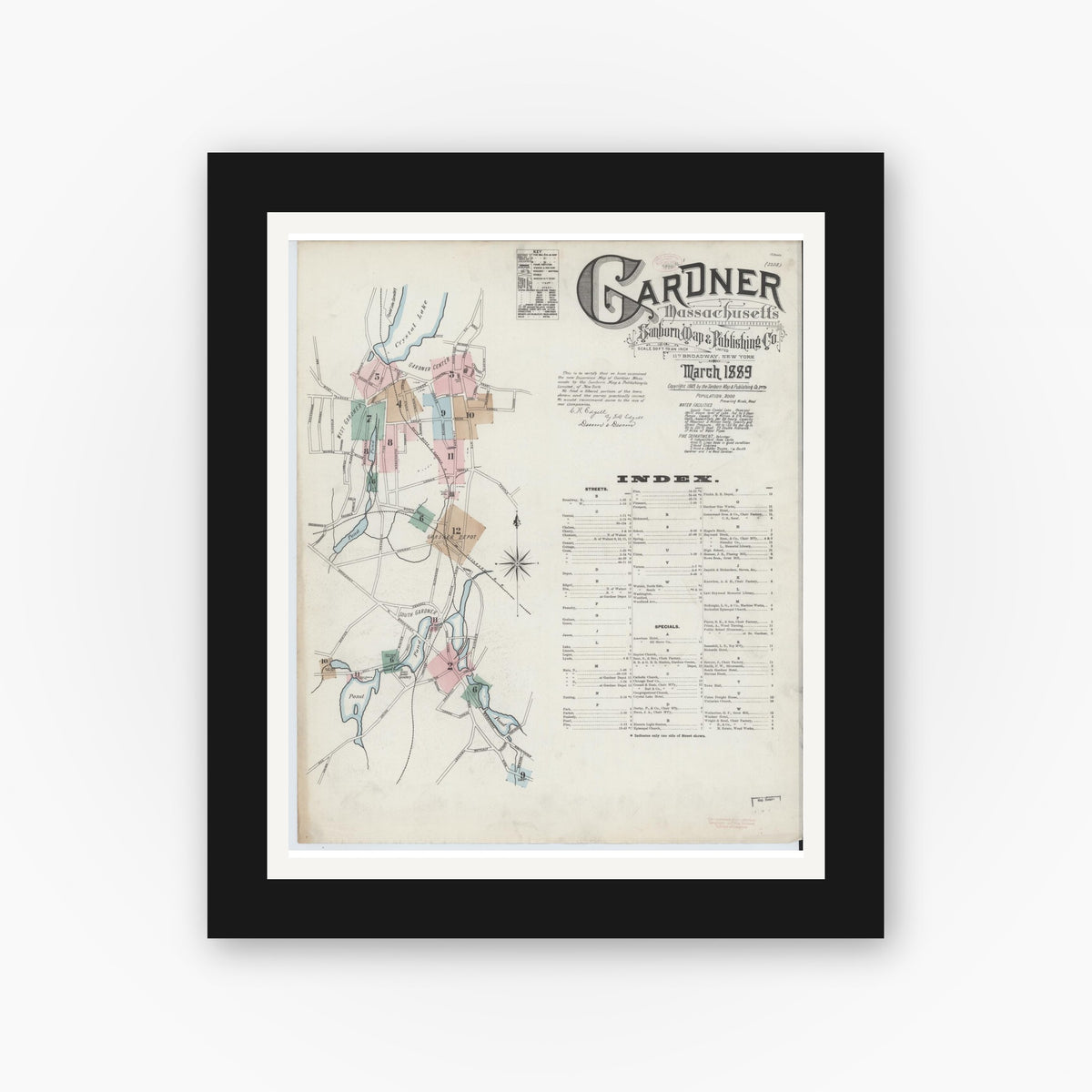 Old map wall art mockup — black gallery frame with white mat — Sanborn Fire Insurance Map from Gardner, Worcester County, Massachusetts (1889) - Complete Map Set