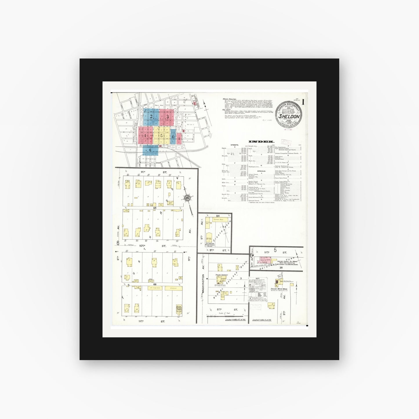 Old map wall art mockup β black gallery frame with white mat β Sanborn Fire Insurance Map from Sheldon, O'Brien County, Iowa (1909), Sheet #0001