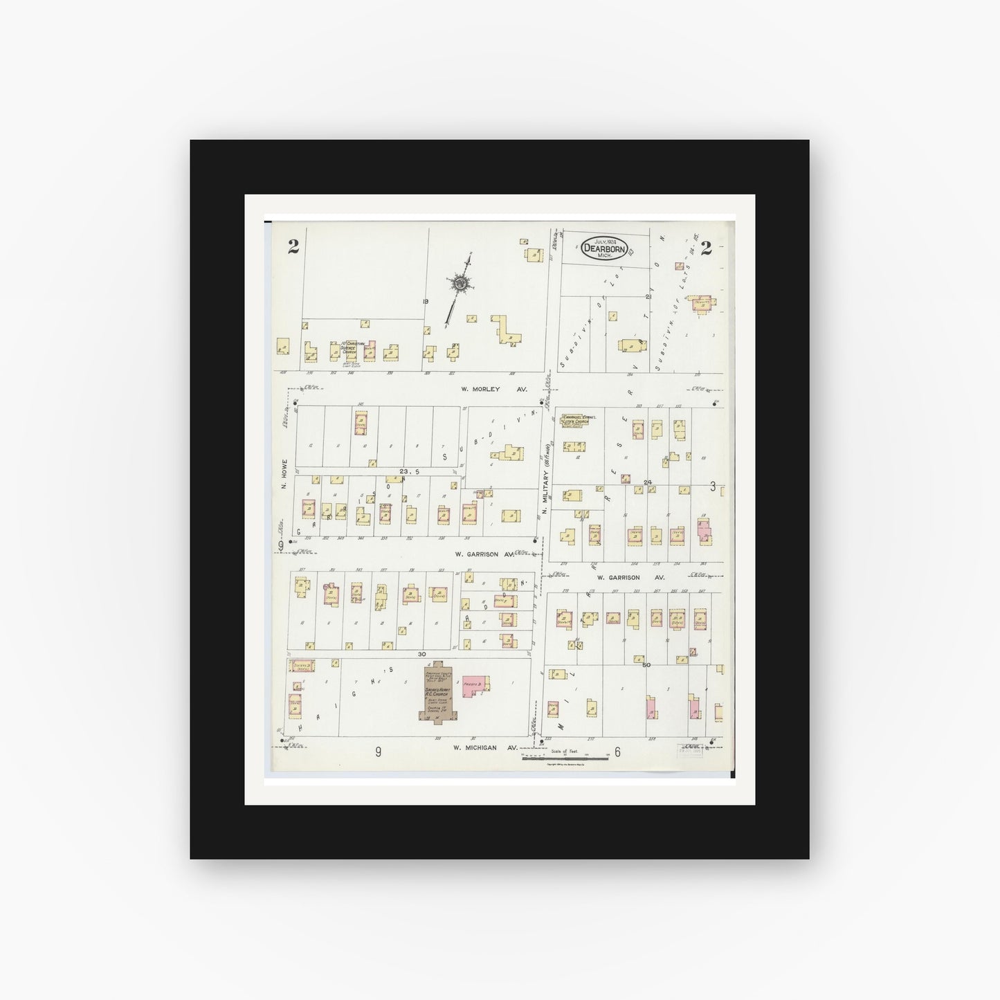 Old map wall art mockup — black gallery frame with white mat — Sanborn Fire Insurance Map from Dearborn, Wayne County, Michigan (1924), Sheet #0002
