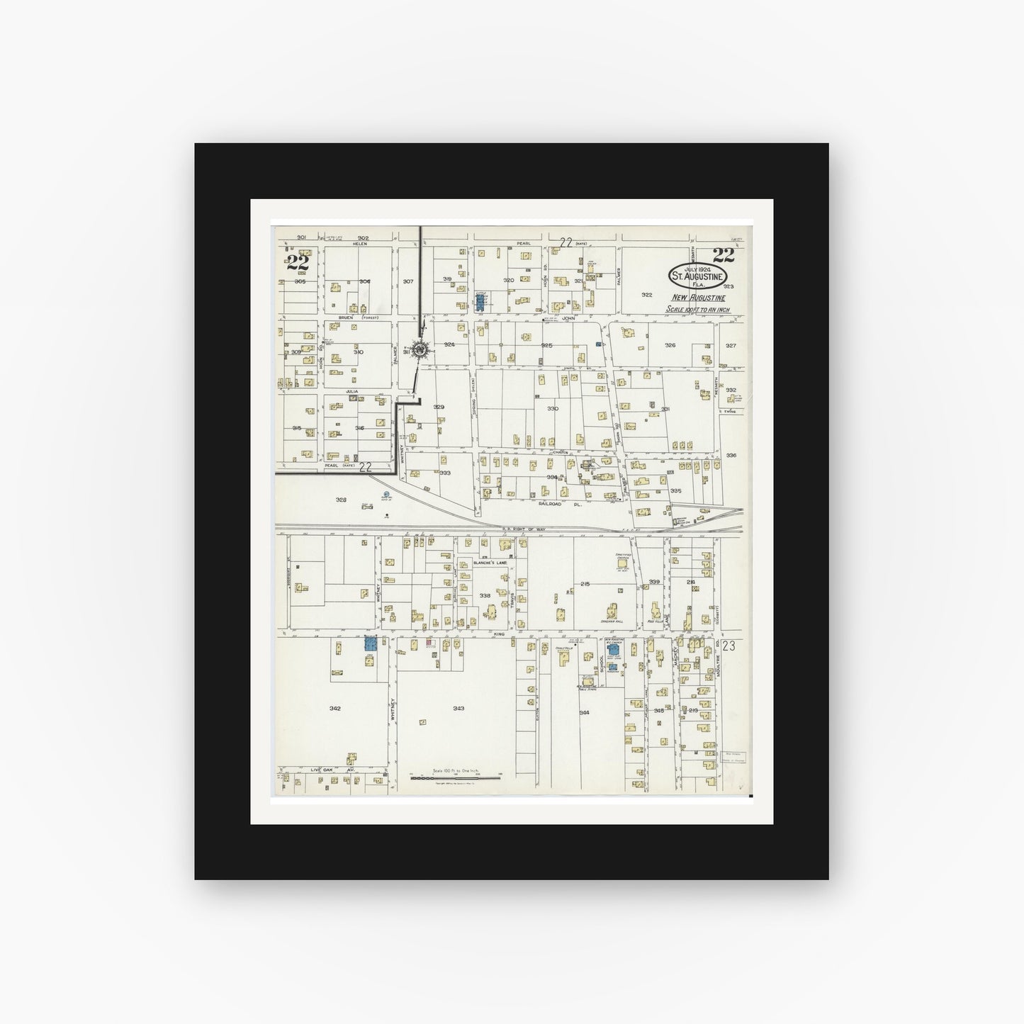 Old map wall art mockup — black gallery frame with white mat — Sanborn Fire Insurance Map from Saint Augustine, Saint John's County, Florida (1924), Sheet #0022