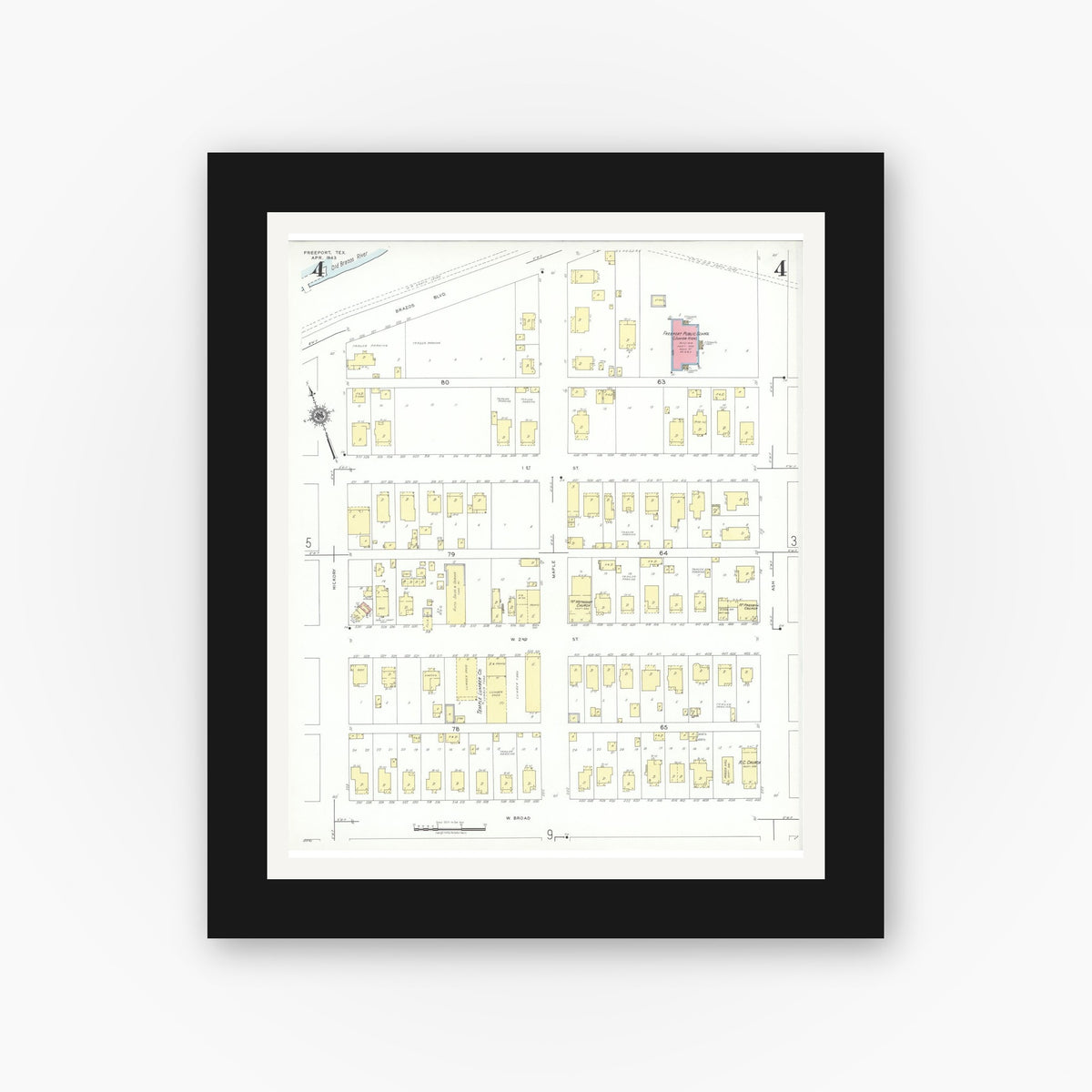 Old map wall art mockup — black gallery frame with white mat — Sanborn Fire Insurance Map from Freeport, Brazoria County, Texas (1943), Sheet #0004