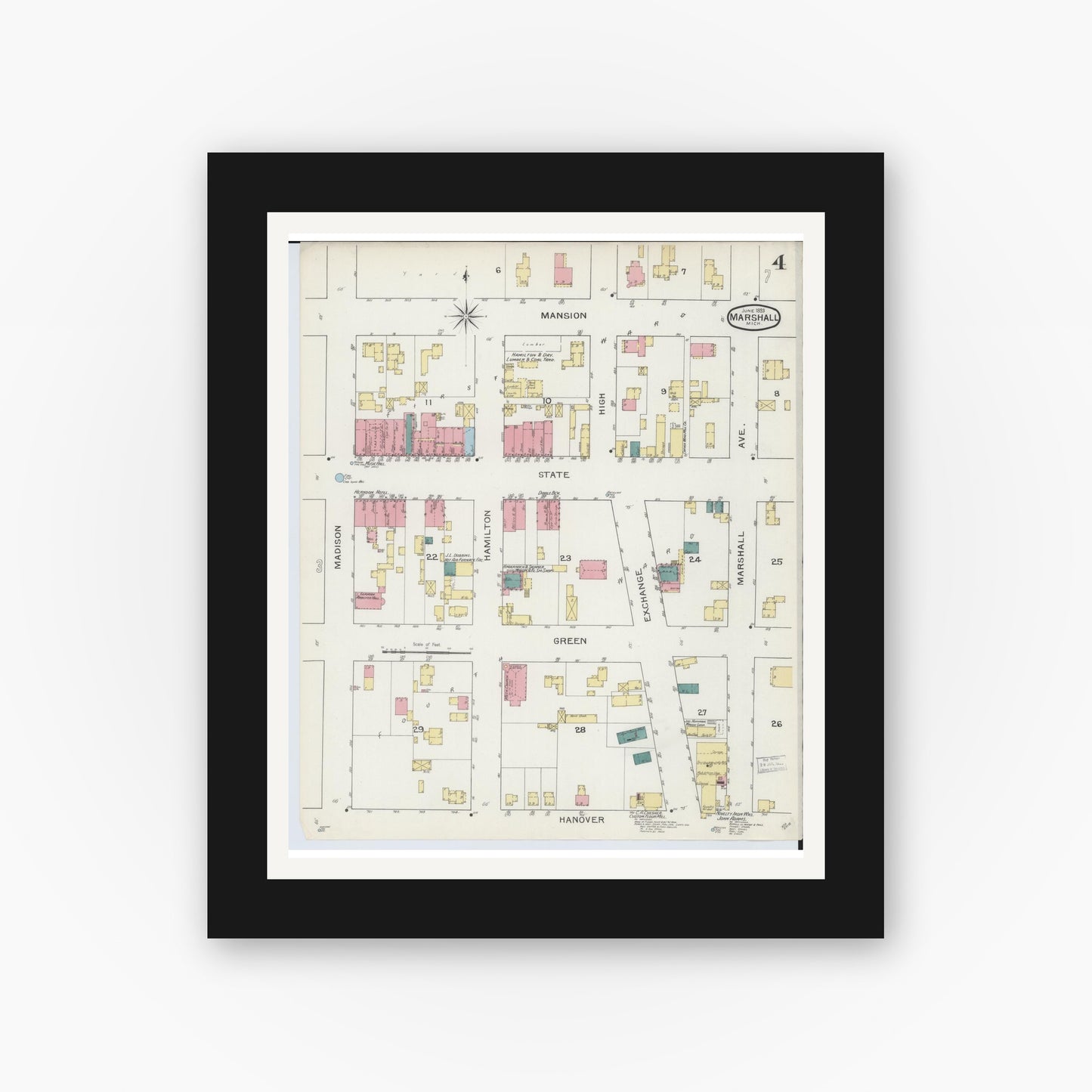 Old map wall art mockup — black gallery frame with white mat — Sanborn Fire Insurance Map from Marshall, Calhoun County, Michigan (1893), Sheet #0004