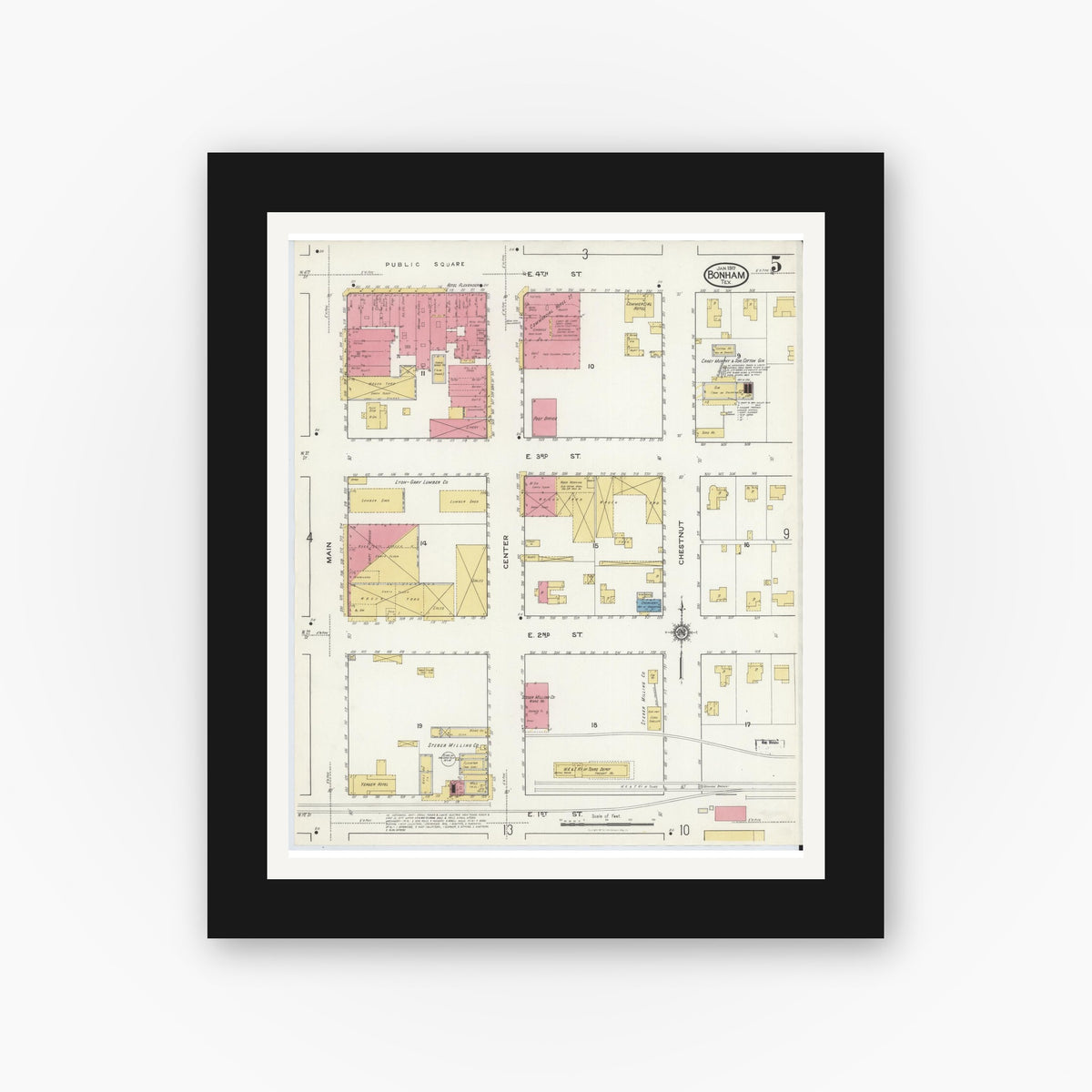 Old map wall art mockup — black gallery frame with white mat — Sanborn Fire Insurance Map from Bonham, Fannin County, Texas (1917), Sheet #0005