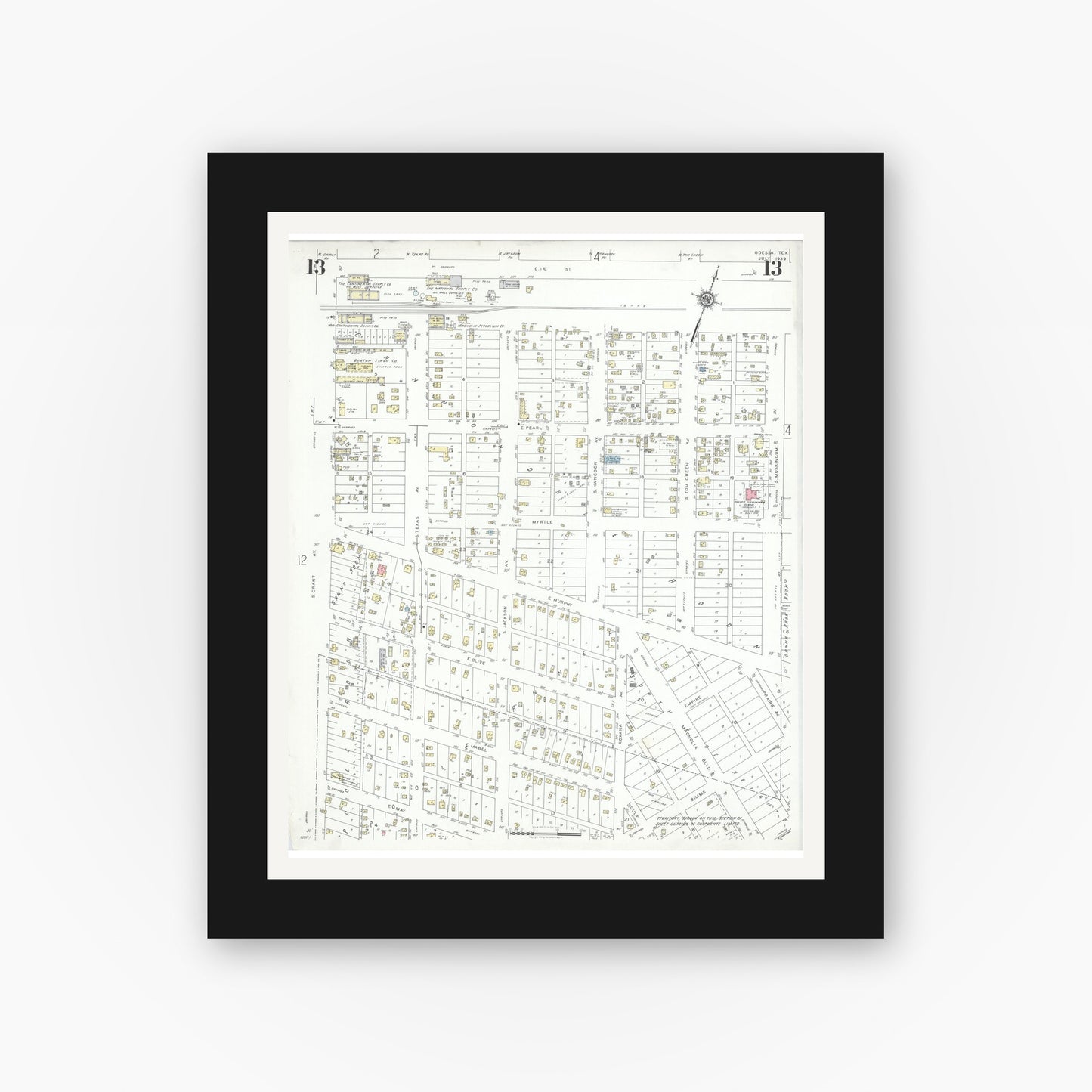 Old map wall art mockup — black gallery frame with white mat — Sanborn Fire Insurance Map from Odessa, Edger County, Texas (1939), Sheet #0013