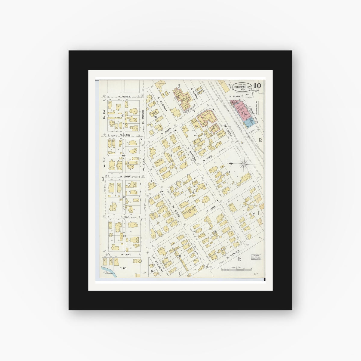 Old map wall art mockup — black gallery frame with white mat — Sanborn Fire Insurance Map from Ishpeming, Marquette County, Michigan (1897), Sheet #0010