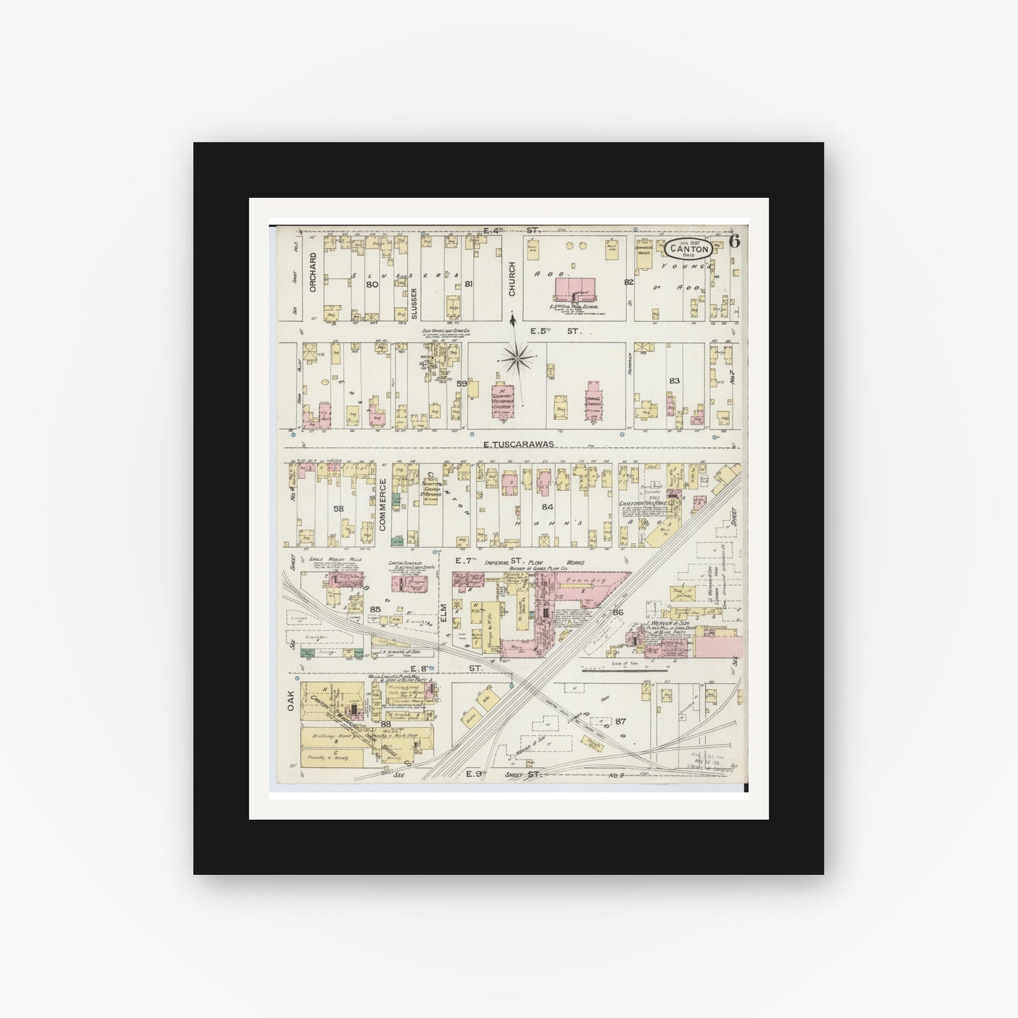 Old map wall art mockup — black gallery frame with white mat — Sanborn Fire Insurance Map from Canton, Stark County, Ohio (1887), Sheet #0006