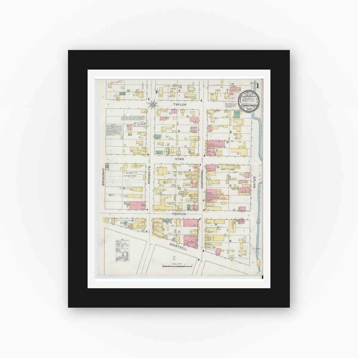 Old map wall art mockup — black gallery frame with white mat — Sanborn Fire Insurance Map from Corpus Christi, Nueces County, Texas (1894) - Complete Map Set